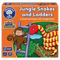 Orange box featuring a cartoon monkey climbing a purple ladder next to a large red and yellow striped snake.
