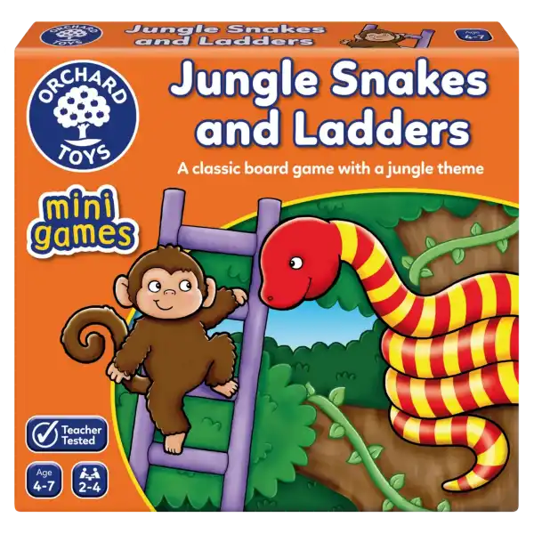 Orange box featuring a cartoon monkey climbing a purple ladder next to a large red and yellow striped snake.