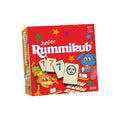 Red square box featuring a cartoon monkey, blue rabbit, colorful stars, and numbered tiles for Junior Rummikub.