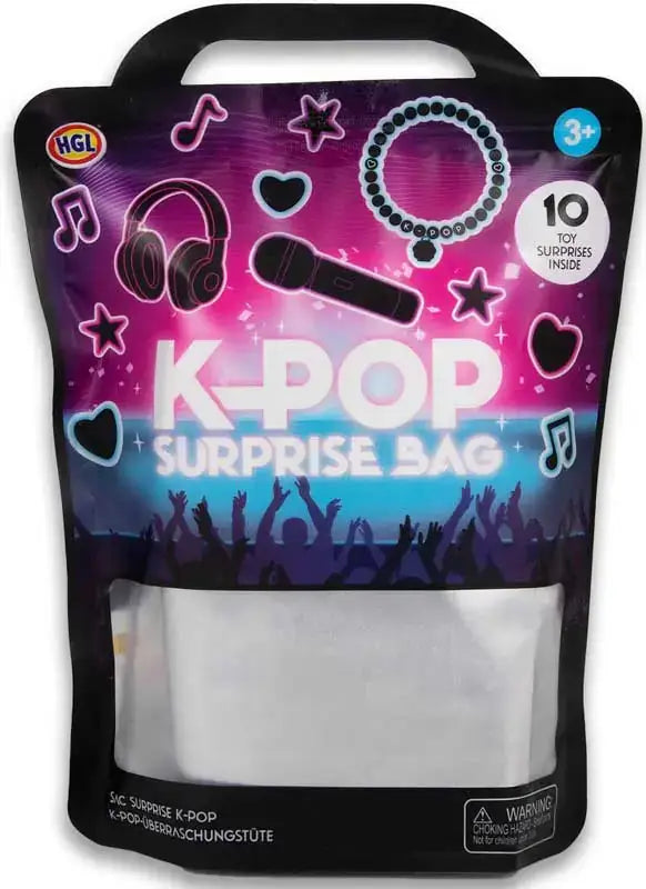 Black and neon pink bag with music icons like headphones and a microphone above a concert crowd silhouette.