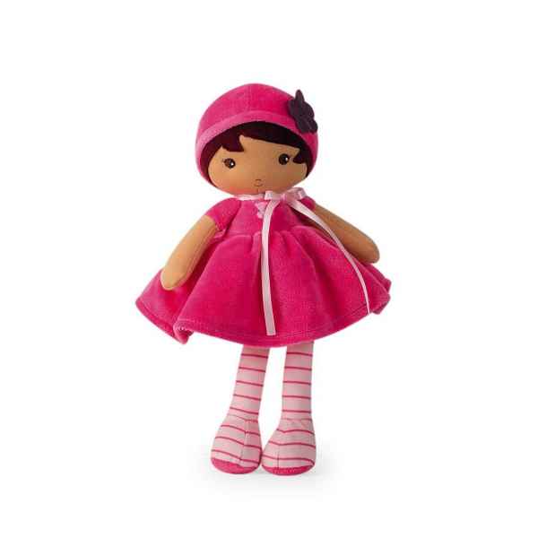 Soft plush doll wearing a bright pink velvet dress and hat with a purple flower, and pink and white striped legs.