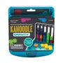 Teal plastic case for Kanoodle Gravity game with colorful puzzle pieces visible in clear vertical columns.
