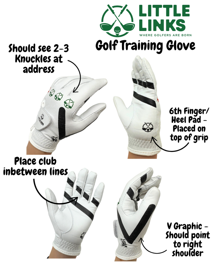 Four views of a white kids' golf glove with black lines and green knuckle markers for teaching proper grip and alignment.