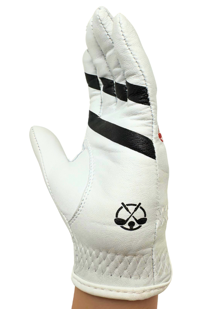 White leather golf glove with black diagonal stripes across fingers and a circular crossed golf club logo on the palm.