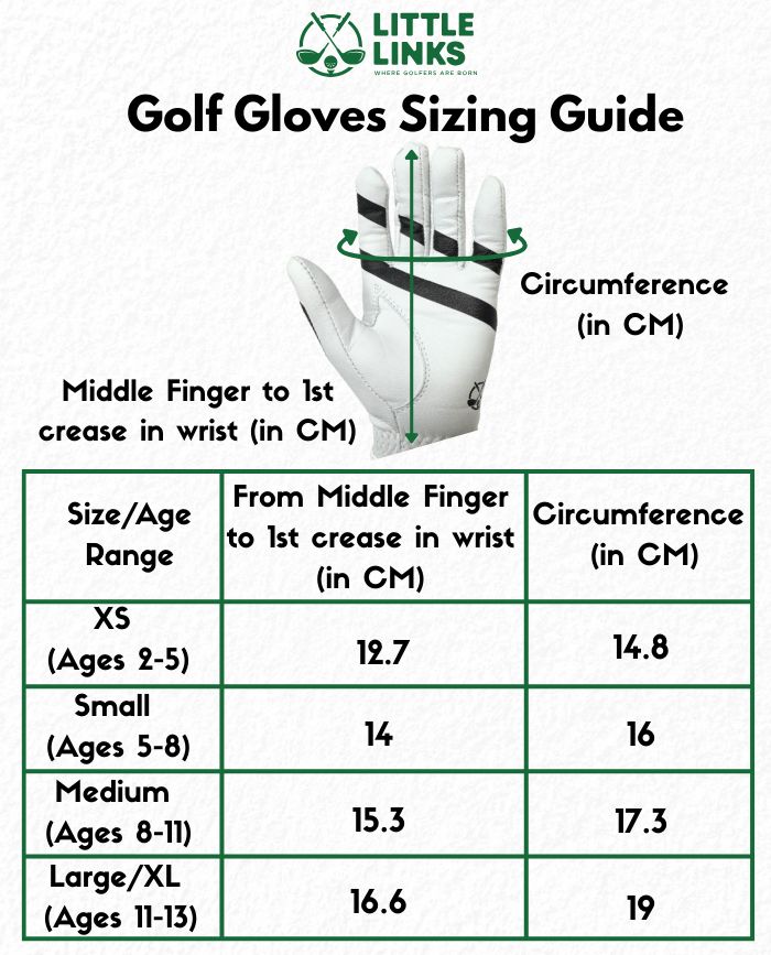 Size guide for kids' white golf gloves with hand measurement diagrams and a table for ages 2 to 13.