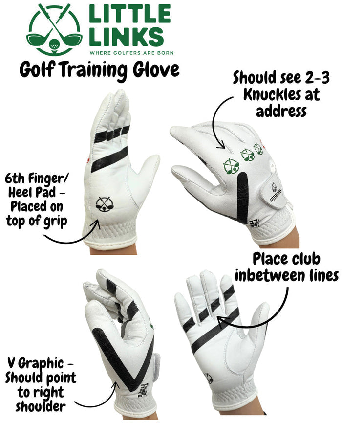 Four views of a white golf glove featuring black alignment lines, a black V-shape, and green icons on the knuckles.