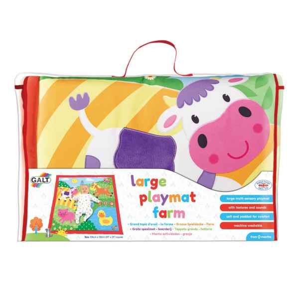Colorful Galt farm playmat in clear packaging with red handles, featuring a friendly purple-spotted cow illustration.