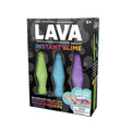 Black toy box with green, blue, and purple lava lamp-shaped containers for making instant slime.