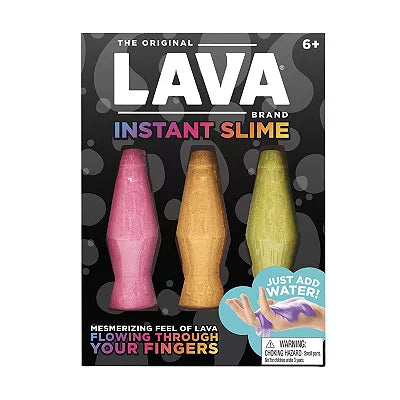 Box featuring three lava lamp-shaped bottles in pink, gold, and green, and a hand holding purple slime.