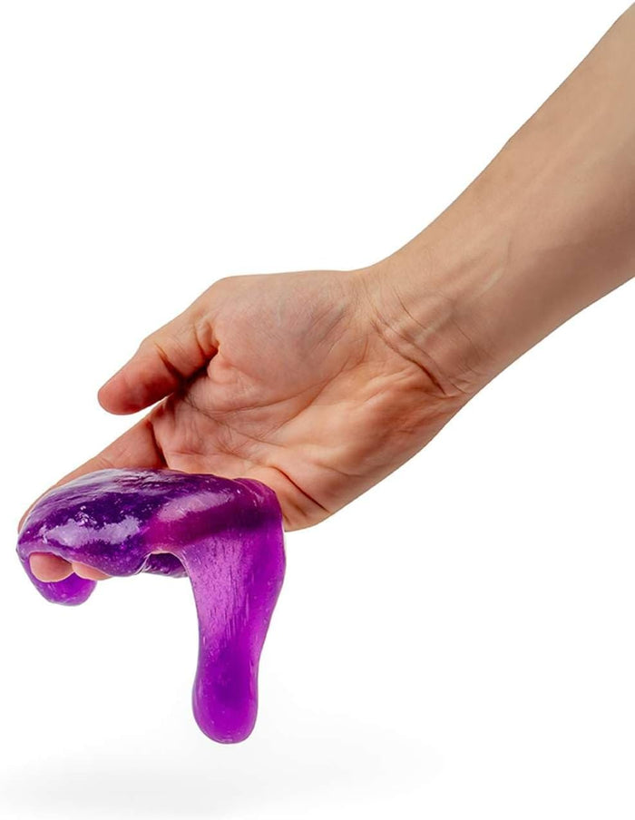 Translucent purple slime being held in a hand and dripping down, showing a gooey, stretchy texture.
