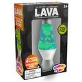 Squishy lava lamp toy with green globs in blue liquid, in a black box with Glow in the Dark and Squeeze Me labels.