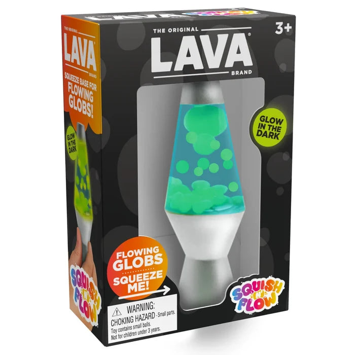 Squishy lava lamp toy with green globs in blue liquid, in a black box with Glow in the Dark and Squeeze Me labels.