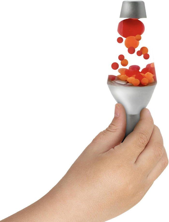 Hand holding a mini lava lamp sensory toy filled with red and orange squishy gel beads.