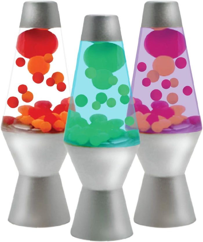Three lava lamp toys with silver bases, featuring red, green, and purple liquids with colorful floating blobs.