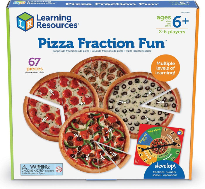 Pizza Fraction Fun game box showing four pizzas divided into fraction slices with a colorful spinner.