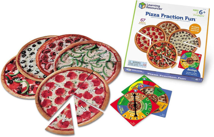 Educational pizza game with realistic slices labeled with fractions, two colorful spinners, and retail packaging.