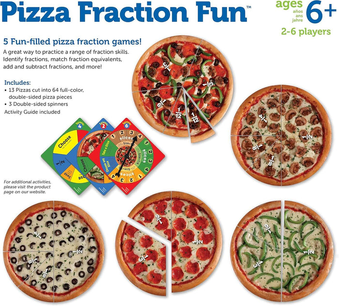 Five realistic pizzas with various toppings cut into labeled fraction slices and three colorful game spinners.