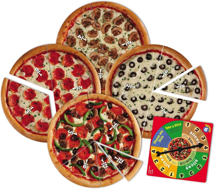 Four toy pizzas with various toppings divided into labeled fractional slices and a colorful game spinner.