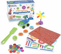 Magnetic play set featuring a green wand, blue toy car, colorful rings, chips, and maze cards next to its retail box.