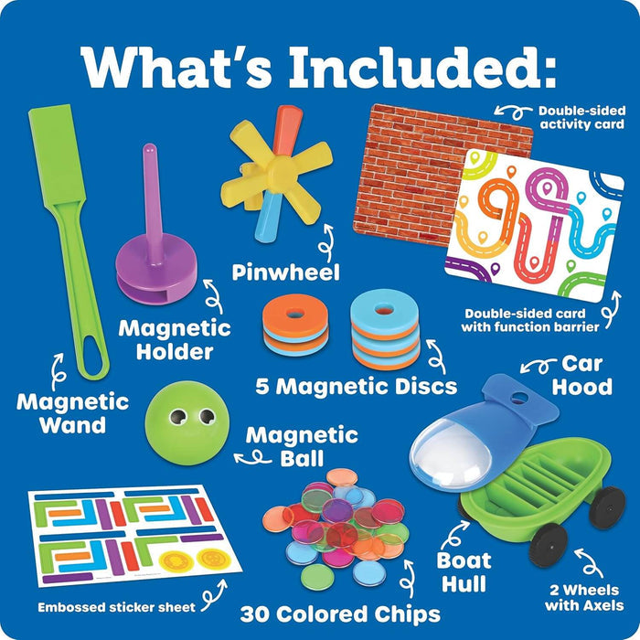 Magnet kit contents: green wand, ball with eyes, colored discs, chips, boat and car parts, pinwheel, and activity cards.