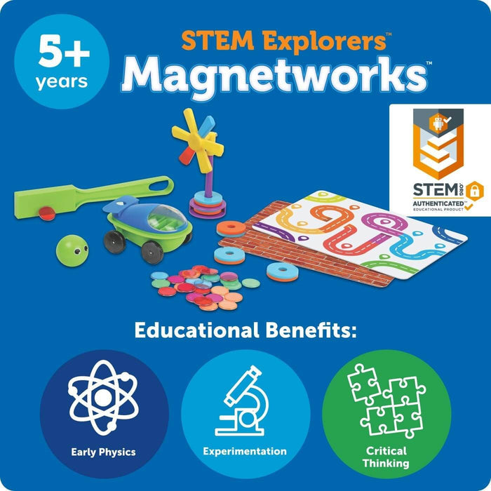 Magnetic toy set with colorful rings, a green toy car, and wand on a blue background with educational icons for ages 5+.