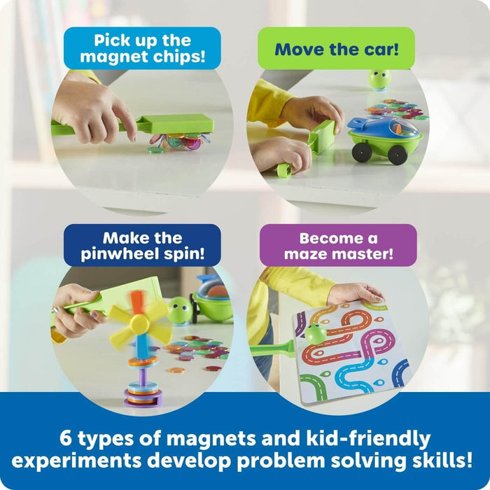 Children use green magnetic wands to lift colorful chips, move a toy car, spin a pinwheel, and solve a colorful maze.
