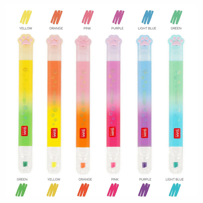 Six dual-tip highlighters with cat paw caps and colorful gradient bodies featuring paw print patterns.