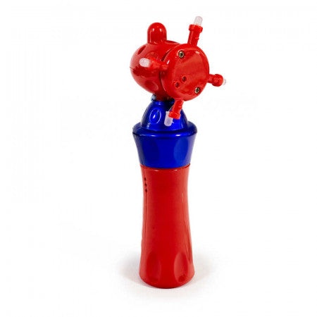 Red and blue handheld plastic toy with a rotating head featuring four small arms with white light-up tips.