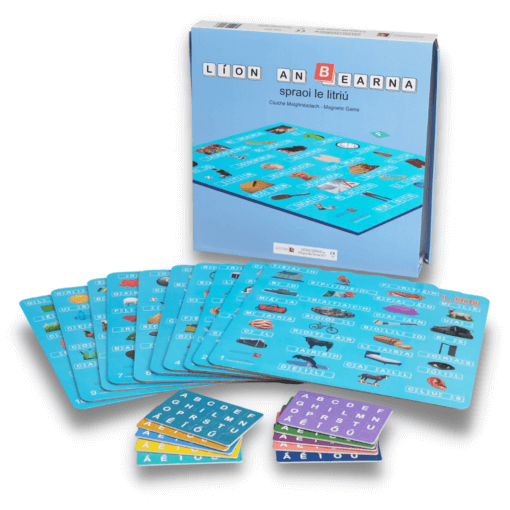 Blue Irish spelling game set featuring illustrated activity cards and stacks of colorful square letter tiles.