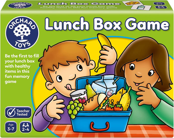 Green Orchard Toys box featuring two kids filling a blue lunch box with fruit, a sandwich, and a milk carton.