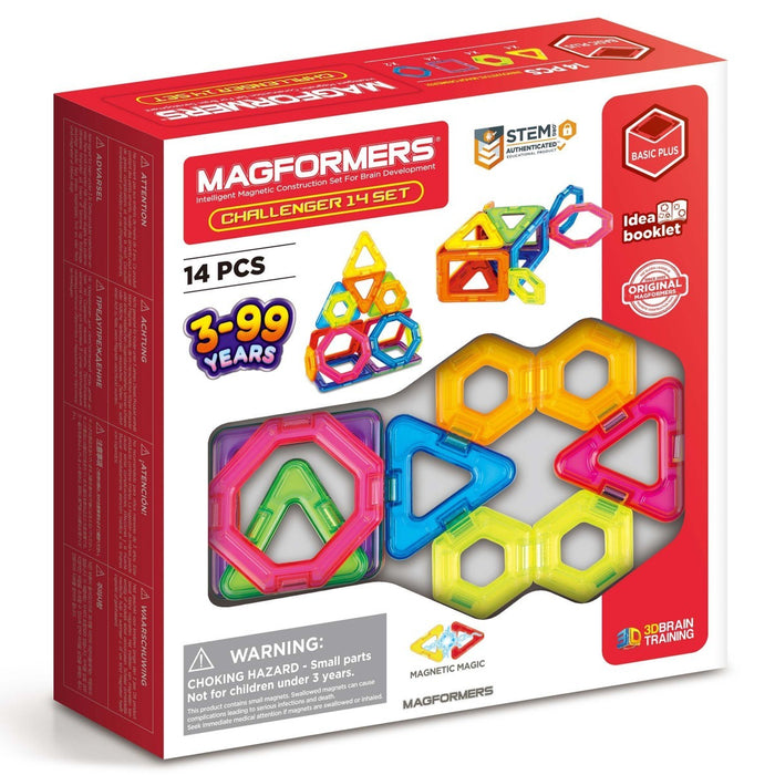 Red box for a 14pc magnetic set featuring colorful geometric shapes and example 3D creature and tower models.