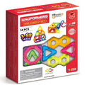 Red box for a 14pc magnetic set featuring colorful geometric shapes and example 3D creature and tower models.
