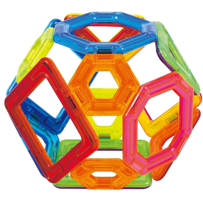 A 3D sphere built from colorful magnetic hexagons and squares in red, orange, yellow, green, pink, and blue.
