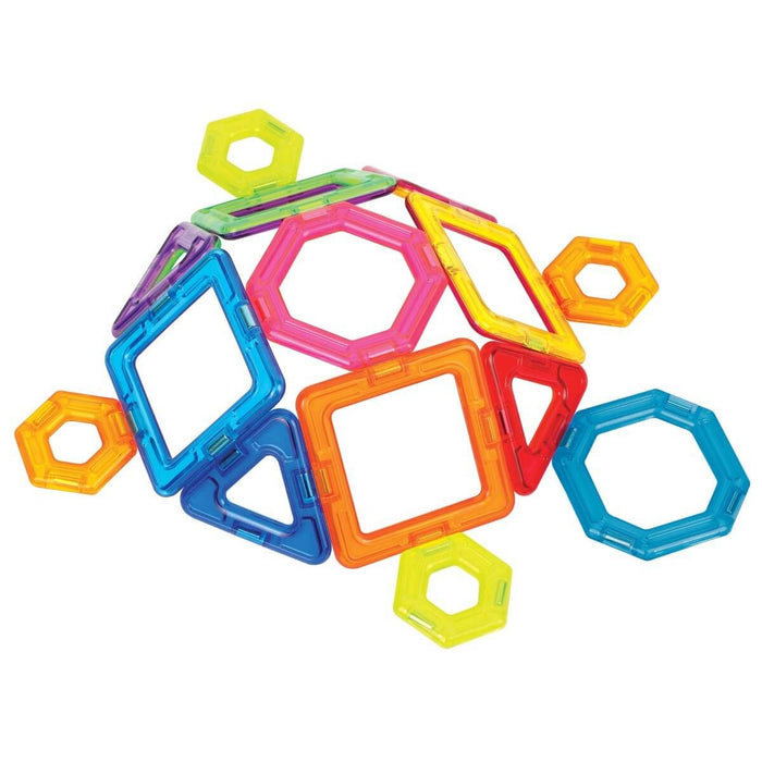 Colorful translucent magnetic building shapes including hexagons, triangles, and squares on a white background.
