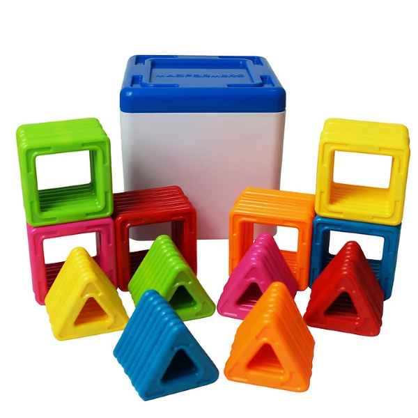 Stacks of colorful, hollow square and triangle magnetic pieces with a white storage bin and blue lid.