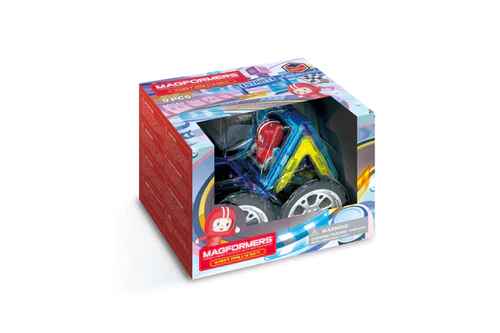 Magformers Kart Rally box showing blue magnetic pieces, white wheels, and a small red figure through a window.