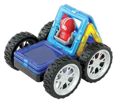 Magnetic tile go-kart toy with blue and yellow frames, four large black tires, and a red driver in a white helmet.