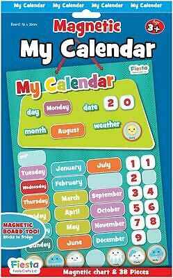 Teal and lime green magnetic calendar in blue packaging with colorful magnets for dates, days, months, and weather.