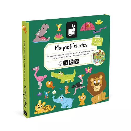 Green book-style box with colorful cartoon African animals including a lion, flamingo, and hippo on the cover.