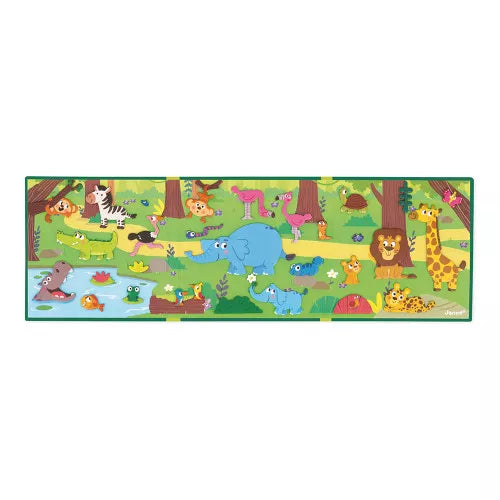 A long rectangular panoramic play board with colorful cartoon African animals in a green jungle setting.