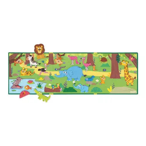 Horizontal magnetic jungle scene play board with colorful cartoon animal magnets like a lion, elephant and giraffe.
