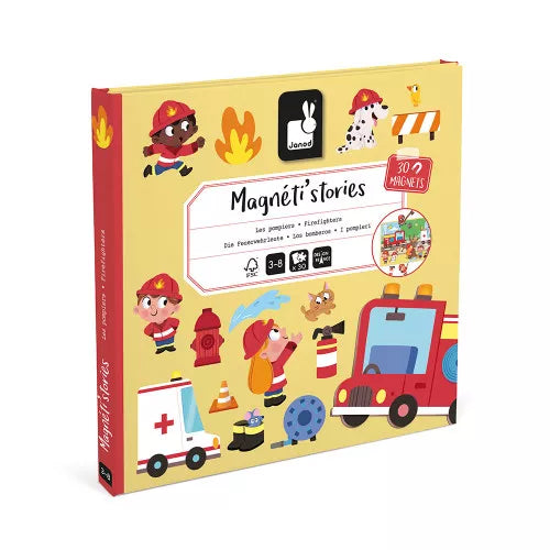 Bright yellow book-shaped toy box featuring colorful cartoon firefighters, a red fire engine, and 30 magnets.