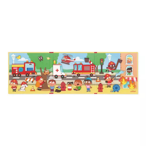 Colorful tri-fold magnetic board featuring cartoon firefighters, red vehicles, and rescue missions in a city.