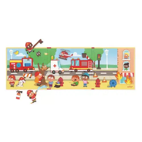 Colorful magnetic board with cartoon firefighters, rescue vehicles, and figures in a busy street emergency scene.