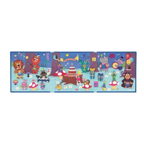 Fold-out magnetic play set featuring colorful cartoon animals celebrating a birthday party in a forest at night.