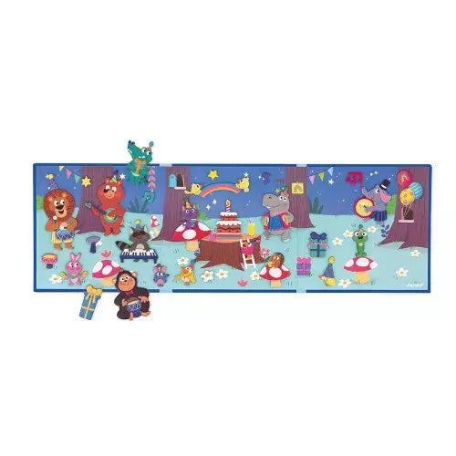 Foldable blue magnetic board with colorful cartoon animal magnets celebrating a birthday in a forest at night.
