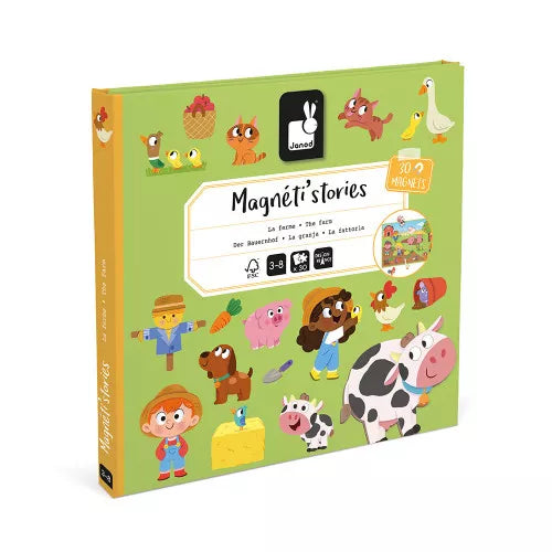 Green Magnéti'stories farm magnetic book with colorful cartoon illustrations of animals and people on the cover.