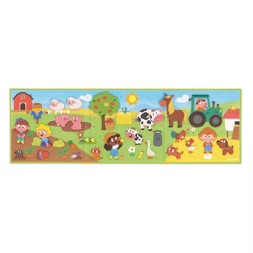 Bright tri-fold magnetic farm scene with cartoon animals, people, a red barn, and a green tractor on a sunny day.