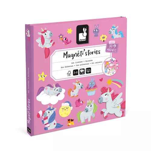 Pink square magnetic story box with colorful cartoon unicorns, stars, and cute animals on the front cover.