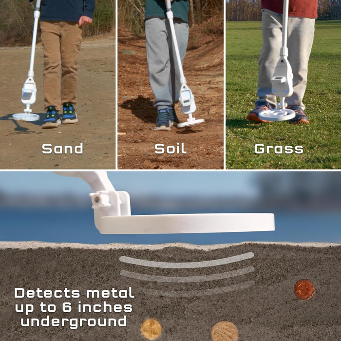 White plastic toy metal detector used on sand, soil, and grass; detects coins buried up to 6 inches deep.